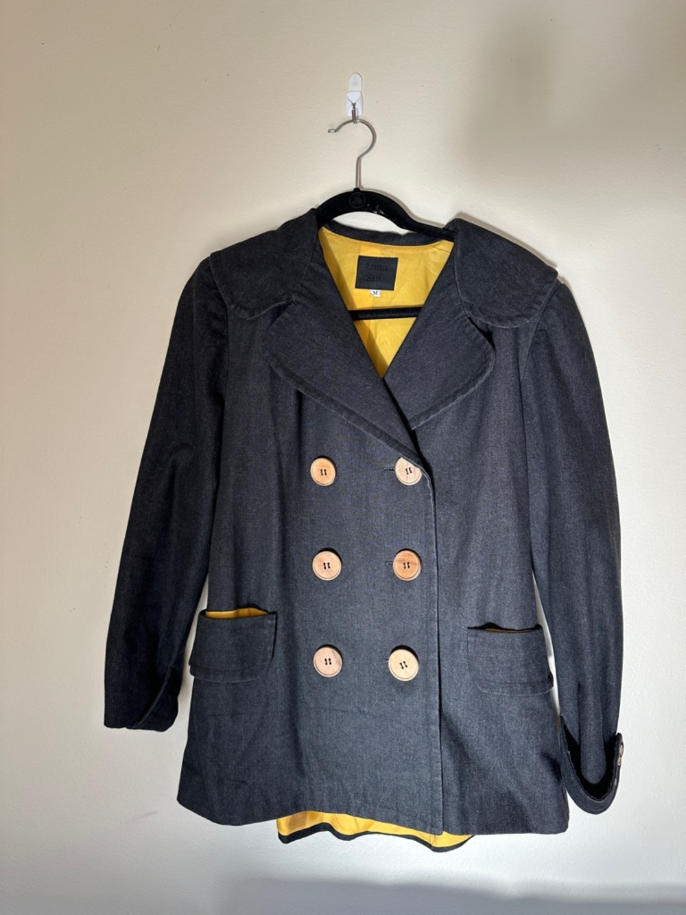 Anna Sui Women's Double-Breasted Charcoal Jacket with Yellow Lining